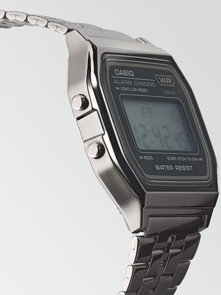 Angle shot of Casio Retro Vintage A158WETB-1AEF Black Stainless Steel Unisex Watch on white background