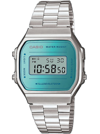 Front view of Casio Retro Vintage A168WEM-2EF Blue Dial Grey Stainless Steel Unisex Watch on white background