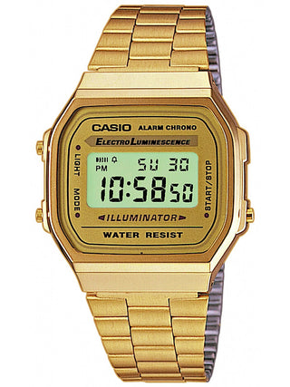 Front view of Casio Iconic Gold Chronograph A168WG-9EF Gold Stainless Steel Unisex Watch on white background