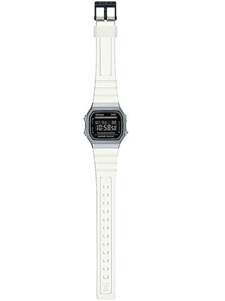 Angle shot of Casio Retro Vintage A168XES-1BEF Black Dial White Resin Unisex Watch on white background