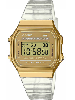 Front view of Casio Iconic Gold Jelly A168XESG-9AEF Gold Dial Resin Unisex Watch on white background