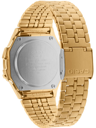 Angle shot of Casio Retro Vintage A171WEG-9AEF Gold Stainless Steel Unisex Watch on white background