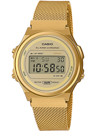 Front view of Casio Round Gold Mesh A171WEMG-9AEF Gold Stainless Steel Unisex Watch on white background