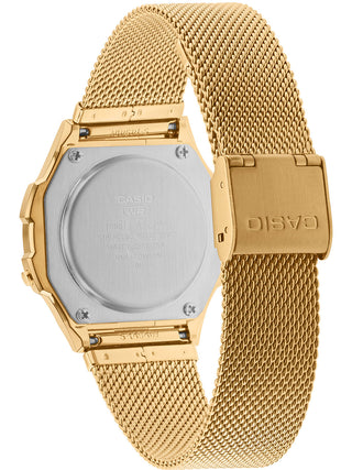 Angle shot of Casio Round Gold Mesh A171WEMG-9AEF Gold Stainless Steel Unisex Watch on white background