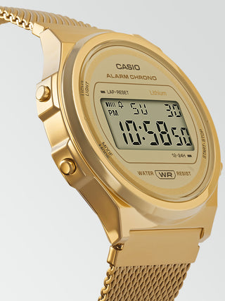 Angle shot of Casio Round Gold Mesh A171WEMG-9AEF Gold Stainless Steel Unisex Watch on white background