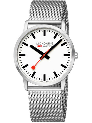 Angle shot of Mondaine A638.30350.16SBZ White Dial Silver Stainless Steel Unisex Watch on white background