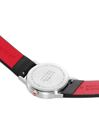 Angle shot of Mondaine A658.30323.16OMV White Dial Black Leather Womens Watch on white background