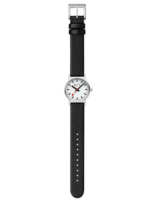 Angle shot of Mondaine A658.30323.16SBBV White Dial Black Leather Womens Watch on white background