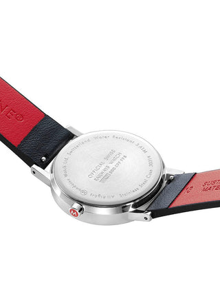 Angle shot of Mondaine A660.30314.11SBBV White Dial Black Leather Womens Watch on white background