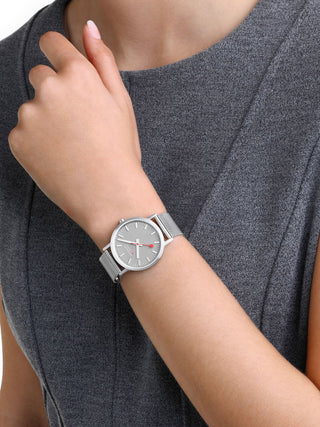 Angle shot of Mondaine MSE.40112.LB White Dial Black Leather Unisex Watch on white background