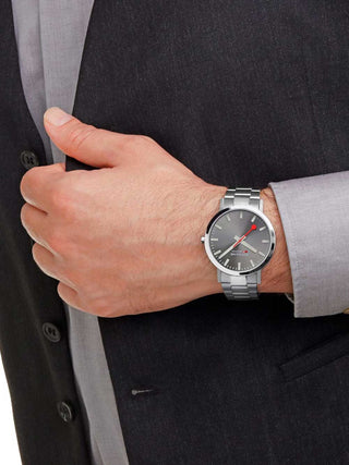 Angle shot of Mondaine A660.30360.81SBJ Grey Dial Silver Stainless Steel Unisex Watch on white background