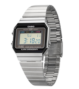 Angle shot of Casio Retro Vintage Chronograph A700WE-1AEF Black Dial Grey Stainless Steel Unisex Watch on white background