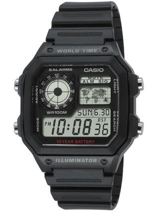 Front view of Casio Sports Chronograph AE-1200WH-1AVEF Black Resin Mens Watch on white background