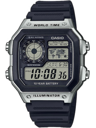 Front view of Casio Illuminator Future Classic Collection AE-1200WH-1CVEF Grey Dial Black Resin Unisex Watch on white background