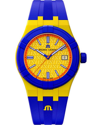 Front view of Maurice Lacroix AI2008-68YZ8-800-0 Yellow Dial Blue Silicone Unisex Watch on white background