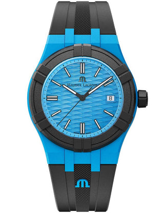 Front view of Maurice Lacroix Aikon #Tide AI2008-80080-300-0 Blue Dial Black Silicone Unisex Watch on white background