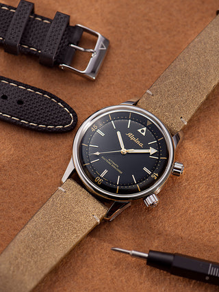 Angle shot of Alpina AL-520BY4H6 Black Dial Brown Leather Unisex Watch on white background