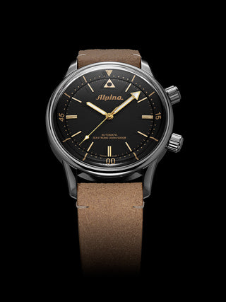 Angle shot of Alpina AL-520BY4H6 Black Dial Brown Leather Unisex Watch on white background