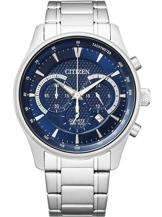 Front view of Citizen Chronograph AN8190-51L Blue Dial Silver Stainless Steel Unisex Watch on white background