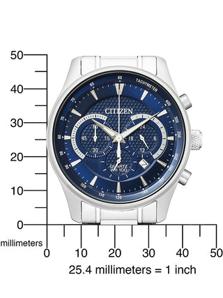 Angle shot of Citizen Chronograph AN8190-51L Blue Dial Silver Stainless Steel Unisex Watch on white background