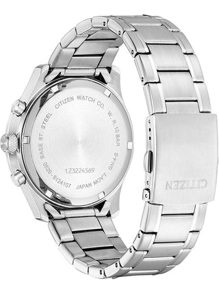 Angle shot of Citizen Chronograph AN8190-51L Blue Dial Silver Stainless Steel Unisex Watch on white background