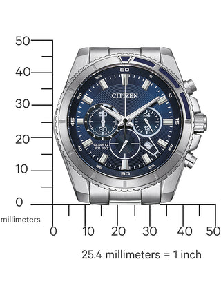 Angle shot of Citizen Chronograph AN8201-57L Blue Dial Silver Stainless Steel Unisex Watch on white background
