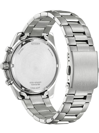 Angle shot of Citizen Chronograph AN8201-57L Blue Dial Silver Stainless Steel Unisex Watch on white background