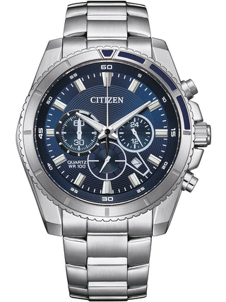 Front view of Citizen Chronograph AN8201-57L Blue Dial Silver Stainless Steel Unisex Watch on white background