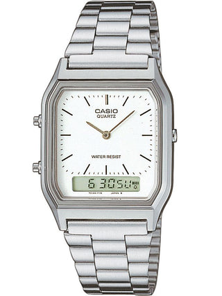 Front view of Casio Edgy Collection White AQ-230A-7DMQYES White Dial Silver Stainless Steel Unisex Watch on white background