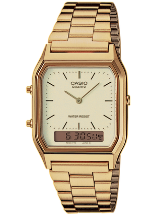 Front view of Casio Edgy Collection Gold AQ-230GA-9DMQYES Gold Stainless Steel Unisex Watch on white background