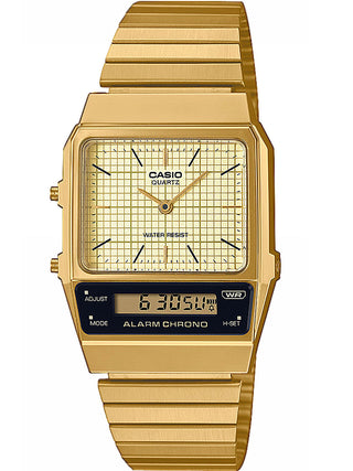 Front view of Casio Retro Vintage AQ-800EG-9AEF Gold Stainless Steel Unisex Watch on white background