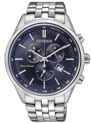 Front view of Citizen Chronograph AT2141-52L Blue Dial Silver Stainless Steel Unisex Watch on white background