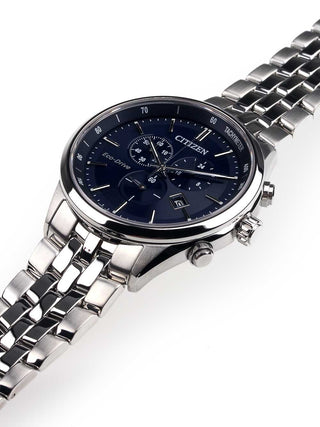 Angle shot of Citizen Chronograph AT2141-52L Blue Dial Silver Stainless Steel Unisex Watch on white background