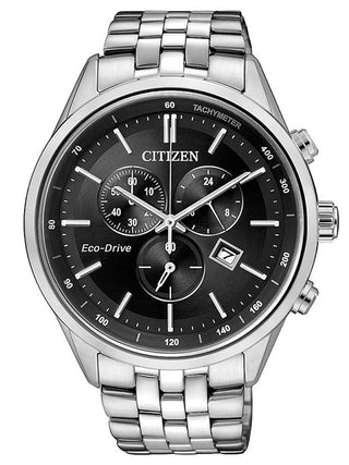 Front view of Citizen Chronograph AT2141-87E Black Dial Silver Stainless Steel Unisex Watch on white background