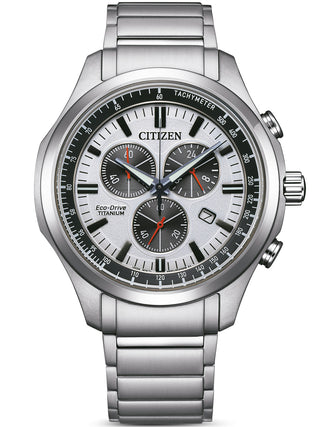 Front view of Citizen Chronograph AT2530-85A Black Dial Silver Titanium Unisex Watch on white background