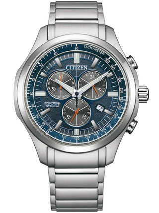 Front view of Citizen Chronograph AT2530-85L Blue Dial Silver Titanium Unisex Watch on white background