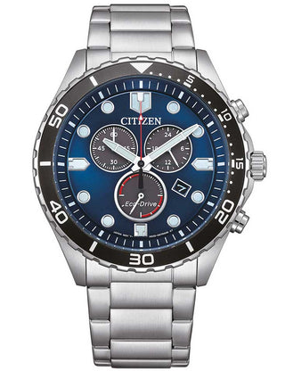 Front view of Citizen Chrono Sporty AT2560-84L Blue Dial Silver Stainless Steel Unisex Watch on white background