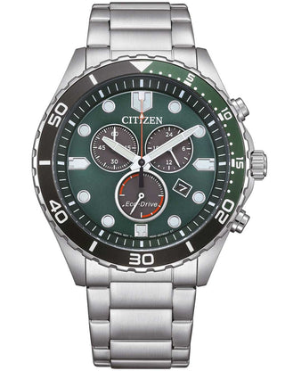 Front view of Citizen Chronograph AT2561-81X Green Dial Silver Stainless Steel Unisex Watch on white background