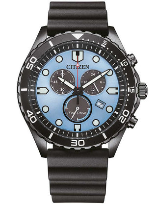Front view of Citizen Chronograph AT2567-18L Blue Dial Black Silicone Unisex Watch on white background