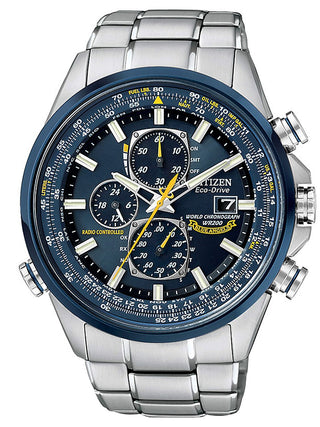 Front view of Citizen Eco-Drive Chronograph AT8020-54L Blue Dial Grey Stainless Steel Mens Watch on white background