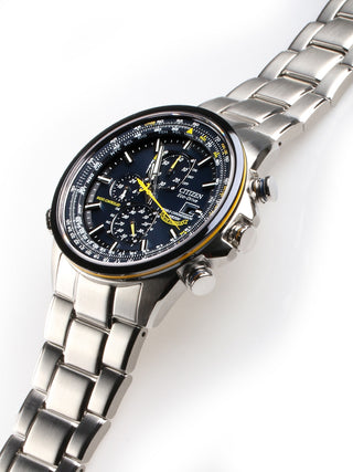 Angle shot of Citizen Eco-Drive Chronograph AT8020-54L Blue Dial Grey Stainless Steel Mens Watch on white background