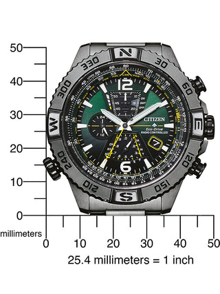 Angle shot of Citizen Chronograph AT8227-56X Green Dial Grey Stainless Steel Unisex Watch on white background