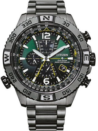 Front view of Citizen Chronograph AT8227-56X Green Dial Grey Stainless Steel Unisex Watch on white background