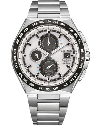 Front view of Citizen Chronograph AT8238-84A White Dial Silver Titanium Unisex Watch on white background