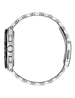 Angle shot of Citizen Chronograph AT8238-84A White Dial Silver Titanium Unisex Watch on white background