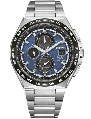 Front view of Citizen Chronograph AT8238-84L Blue Dial Silver Titanium Unisex Watch on white background