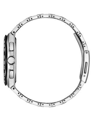 Angle shot of Citizen Chronograph AT8238-84L Blue Dial Silver Titanium Unisex Watch on white background