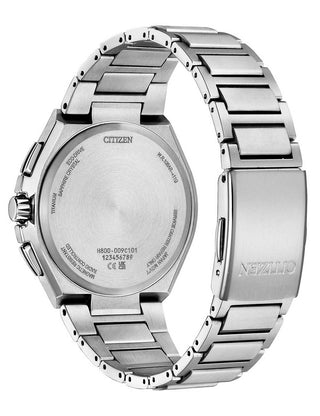 Angle shot of Citizen Chronograph AT8238-84L Blue Dial Silver Titanium Unisex Watch on white background