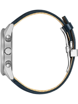 Angle shot of Citizen Chronograph AT8260-18A White Dial Black Leather Unisex Watch on white background
