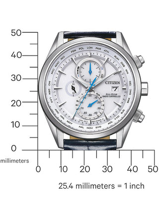 Angle shot of Citizen Radiocontrolled Chronograph AT8260-18A White Dial Black Leather Unisex Watch on white background